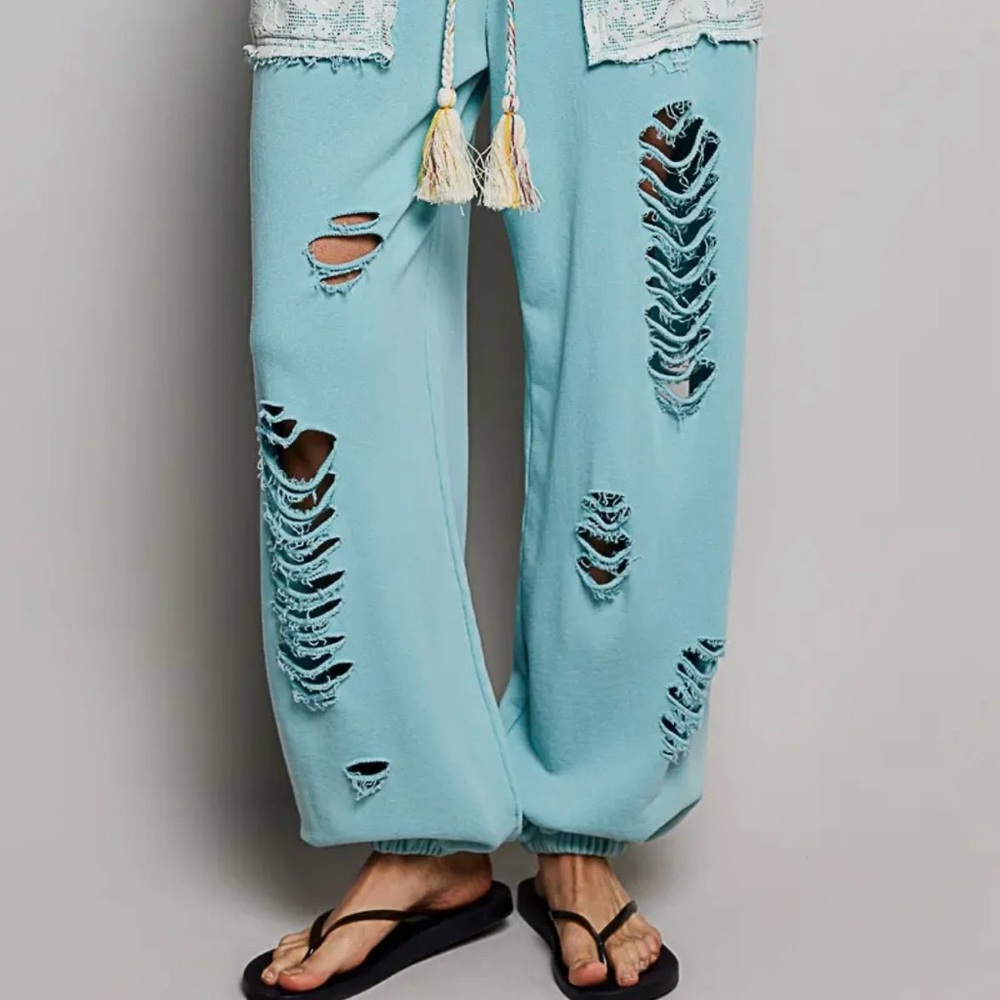 NWT! ON SALE!!! French Terry Powder Blue Boho pants, braided & tasseled drawstr - Picture 4 of 6